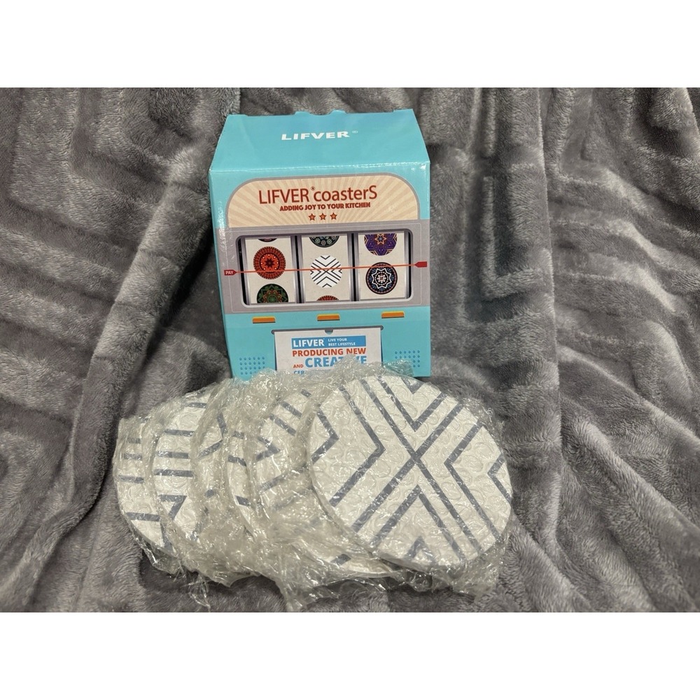 LIFVER Coasters for Drinks, Absorbent Coaster Set of 6 with Cork Grey-line